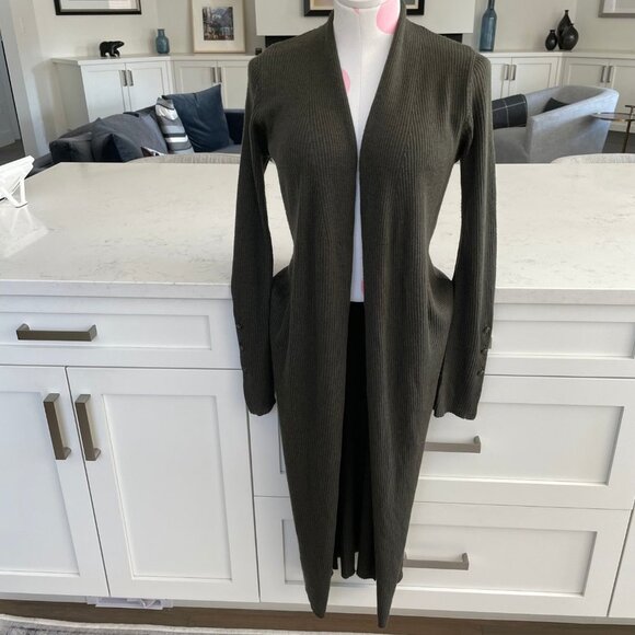 Nanette Lepore Merino Wool Open Front Ribbed Duster Sweater Olive Green Sz XS - Picture 2 of 11